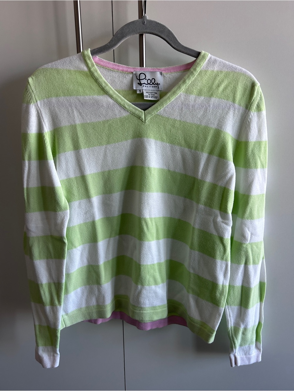 Lilly Pulitzer Lime Green and White Striped V-Neck Sweater